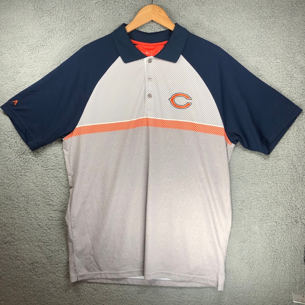 Antigua Chicago Bears NFL Polo Shirt Mens Large Navy Orange Grey Colorblock